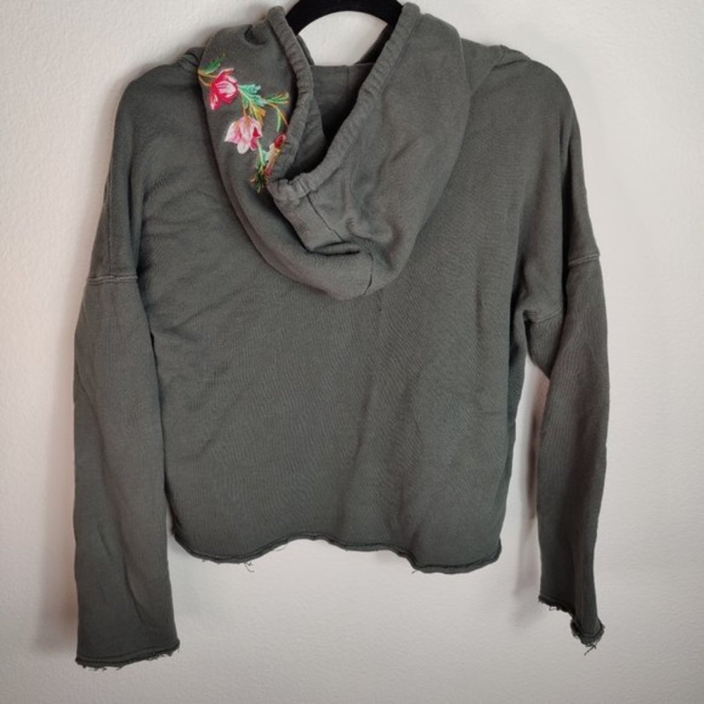 Betsey Johnson Embroidered Cropped Distressed Hoodie Greenish Gray